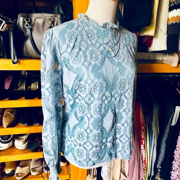 ⭐️BOGO FREE⭐️ NWT ULTRA PINK Lace Long Sleeve Lined Blue Top - Picture 1 of 10